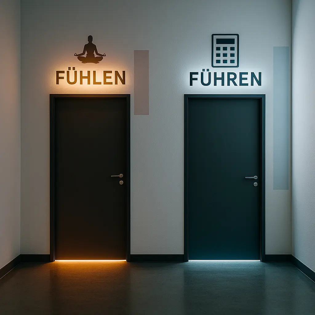 Kontrastreiche Typografie mit den Worten FÜHLEN und FÜHREN. Schwarz-Weiß-Bild mit hartem Schnitt, das die Entscheidung zwischen Gefühlen und Führung illustriert.