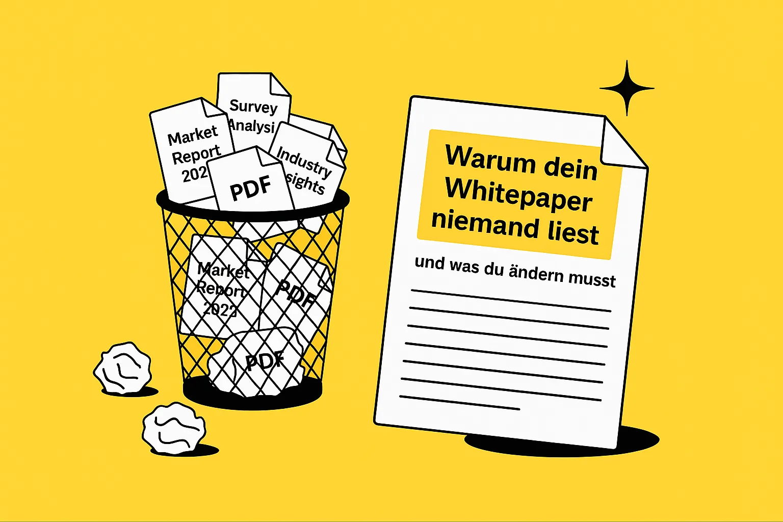 Warum dein Whitepaper niemand liest – Hero-Bild mit Papierkorb-Metapher